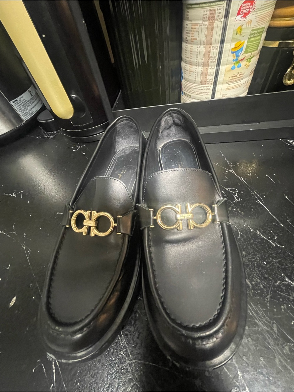 Salvatore Ferragamo rolo lug Black Leather Loafers with Gold Gancini Hardware